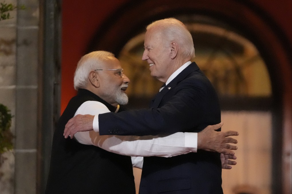 US President Joe Biden (right) hugs India’s Prime Minister Narendra Modi during a Quad leaders summit in Delaware on September 21. Photo: AP