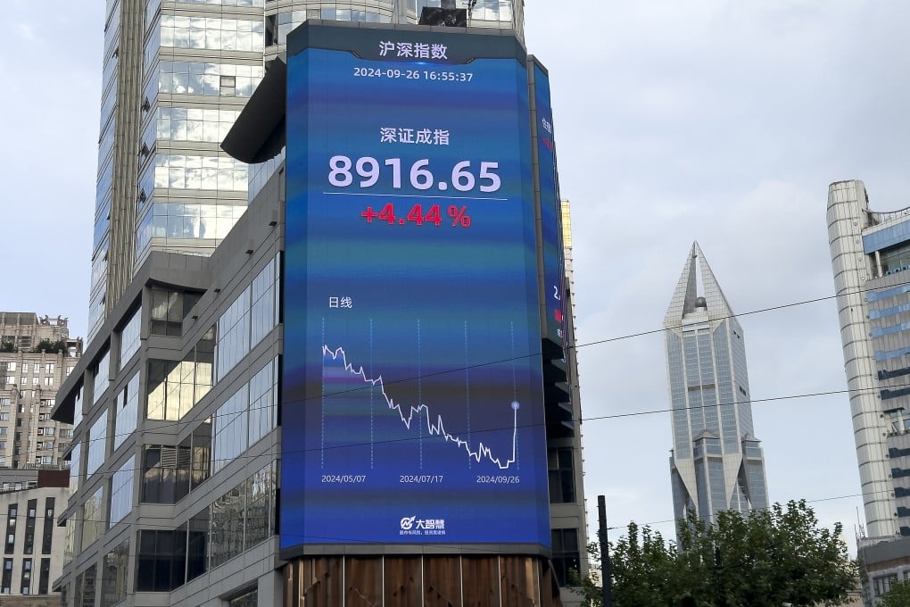 An electronic screen in Shanghai shows a huge surge in China’s Shenzhen Composite Index on Thursday. Photo: Getty Images