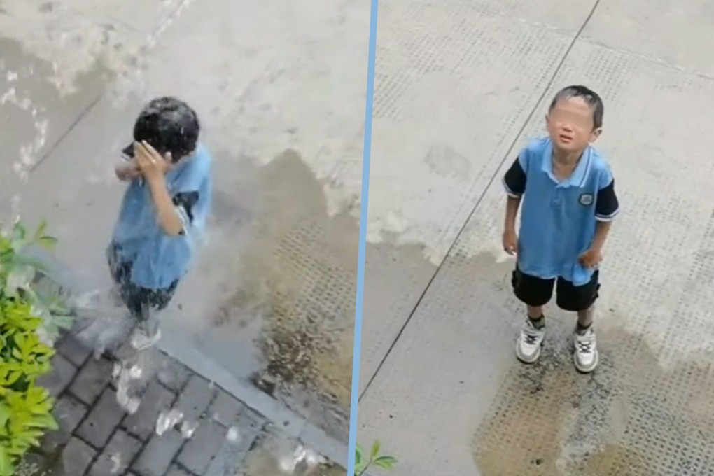 A Chinese mother sparked online praise after pouring water on her son for intentionally splashing his classmates. Photo: SCMP composite/Douyin