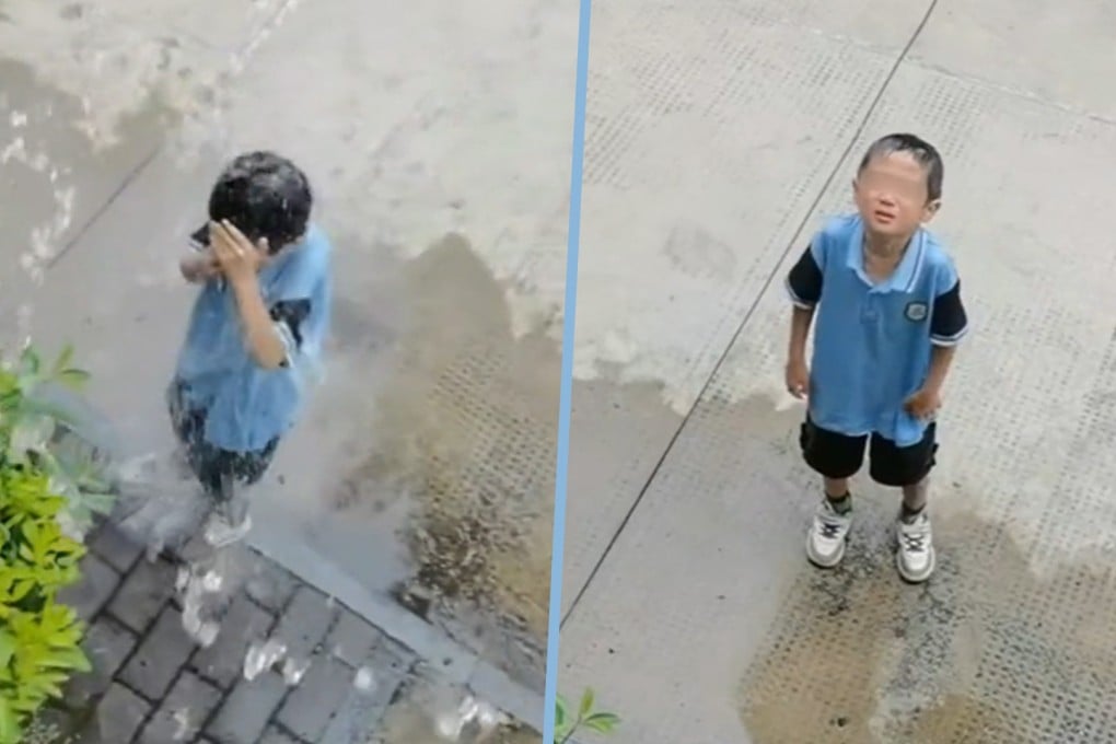 A Chinese mother sparked online praise after pouring water on her son for intentionally splashing his classmates. Photo: SCMP composite/Douyin