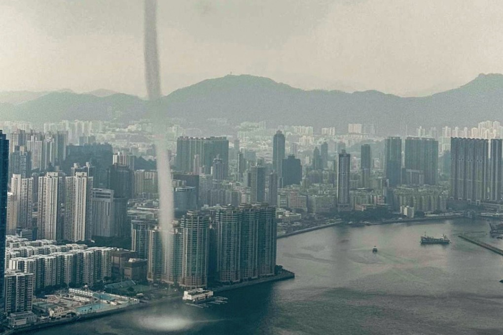 A waterspout is seen over Victoria Harbour. Photo: Government Flying Service