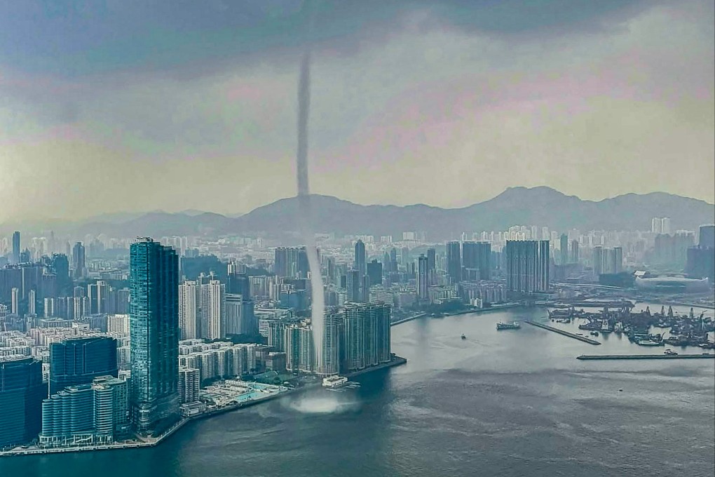 The waterspout formed in the sea off Hung Hom and dissipated shortly after hitting a wall. Photo: Government Flying Service