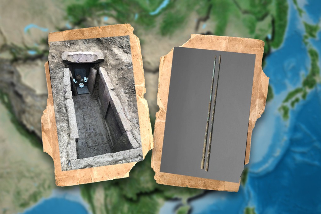 A recent excavation in Sichuan province revealed a remarkably preserved pair of metal chopsticks from the Southern Song dynasty (1127-1279). Photo: SCMP composite/Shutterstock/kaogu.cssn.cn