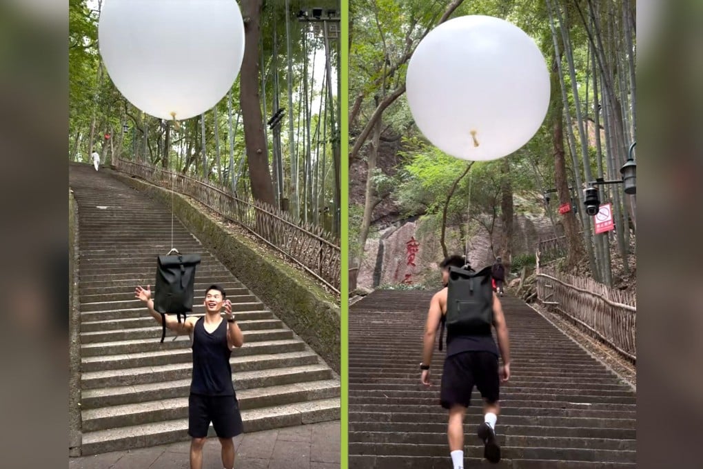 A blogger in China who promotes using a helium balloon to lighten his load on hikes has been warned over potential explosion dangers. Photo: SCMP composite/Douyin