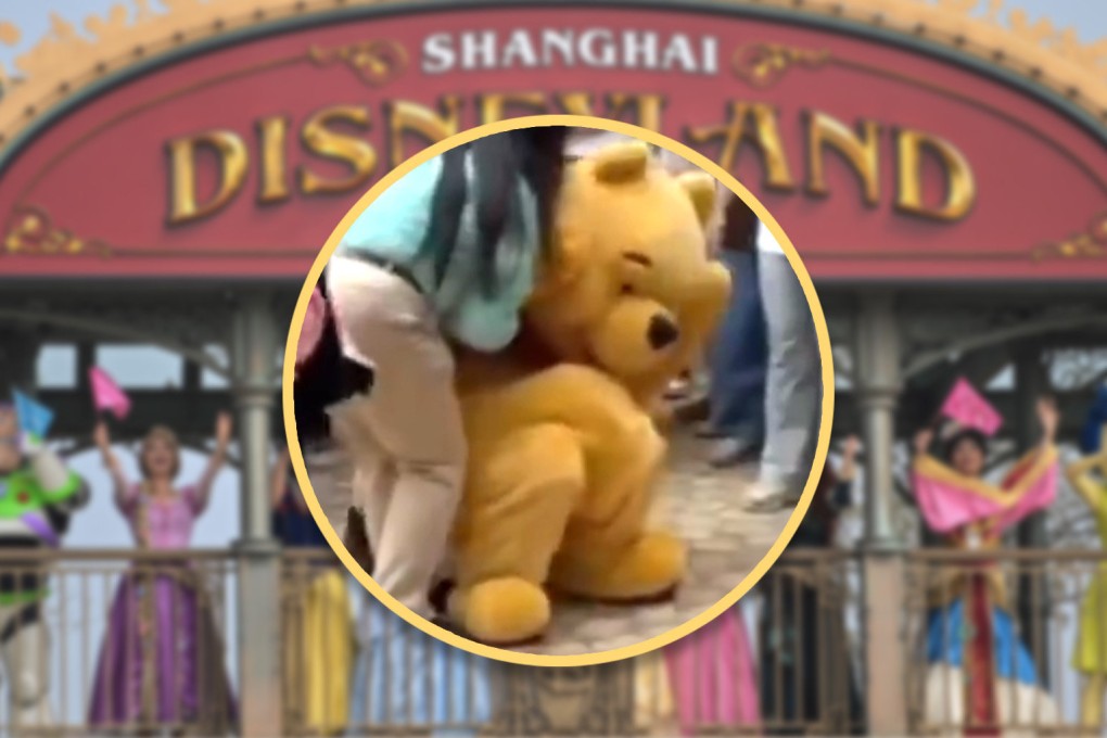 A wave of outrage swept through social media after a Chinese tourist struck the beloved Winnie the Pooh actor at Shanghai Disneyland. Photo: SCMP composite/AFP/X.com