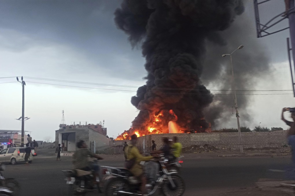 A large fire and plume of smoke in the port city of Hodeidah, Yemen, after Israeli strikes on the Houthi-controlled city. Photo: AP