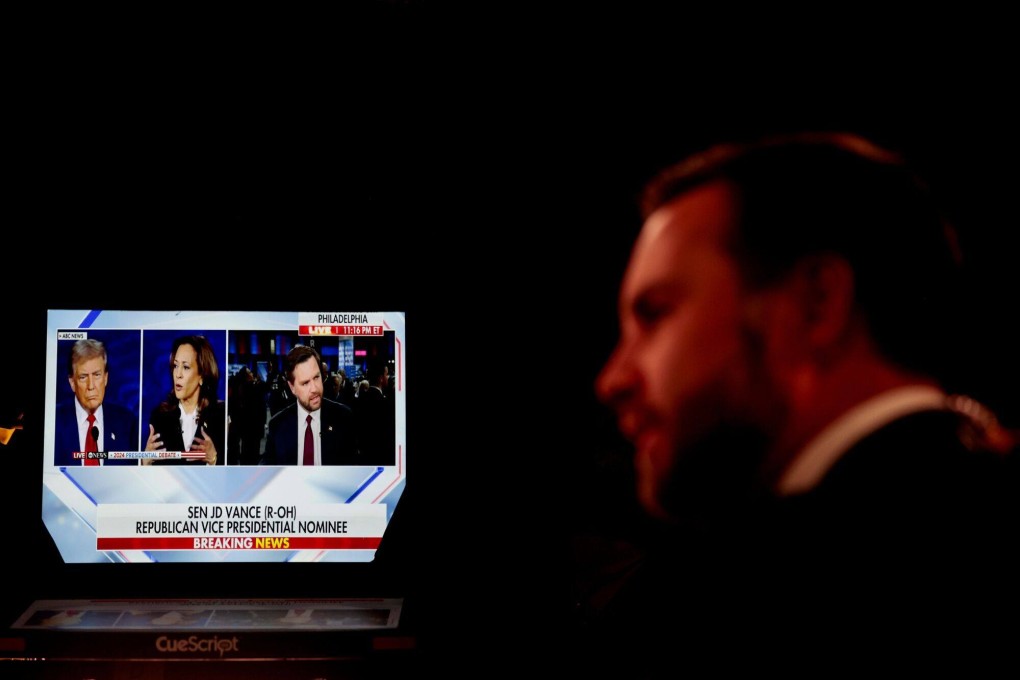 An image of Donald Trump and Kamala Harris is shown during an interview with Republican vice-presidential nominee J.D. Vance, in the spin room following the second presidential debate at the Pennsylvania Convention Center in Philadelphia, US, on September 10. Photo: Bloomberg