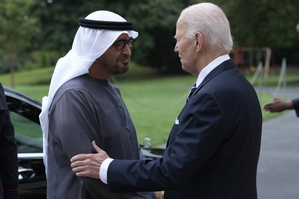US President Joe Biden (right) greets United Arab Emirates President Sheikh Mohammed bin Zayed Al Nahyan (left) as he arrives at the White House on Monday. Photo: AP