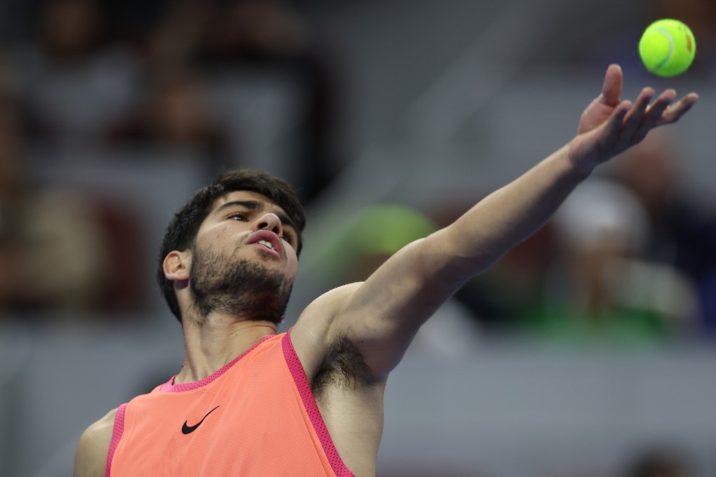 Carlos Alcaraz of Spain serves during the singles semi-final match against Daniil Medvedev of Russia at the China Open. Photo: Xinhua