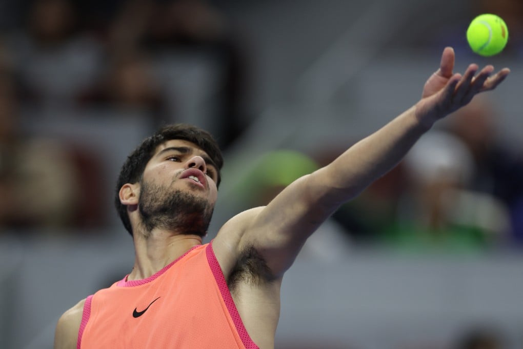 Carlos Alcaraz of Spain serves during the singles semi-final match against Daniil Medvedev of Russia at the China Open. Photo: Xinhua