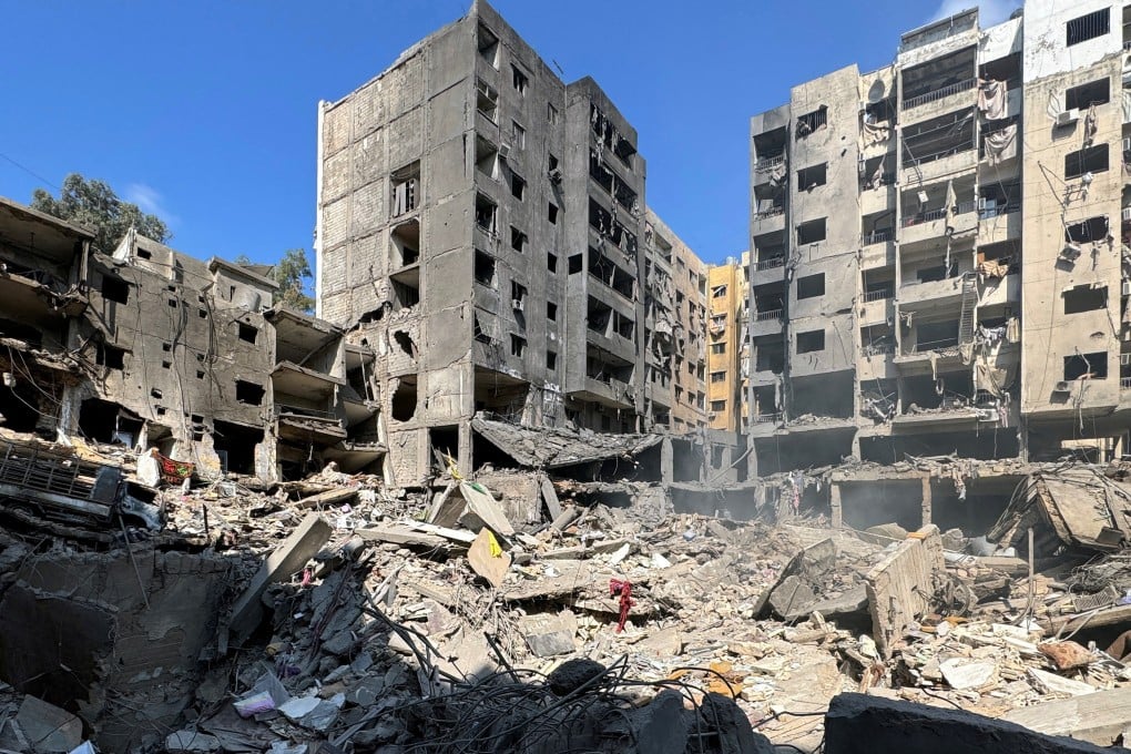 Ruins at the site of the Israeli air strike that killed Lebanon’s Hezbollah leader Sayyed Hassan Nasrallah in Beirut’s southern suburbs. Photo: Reuters