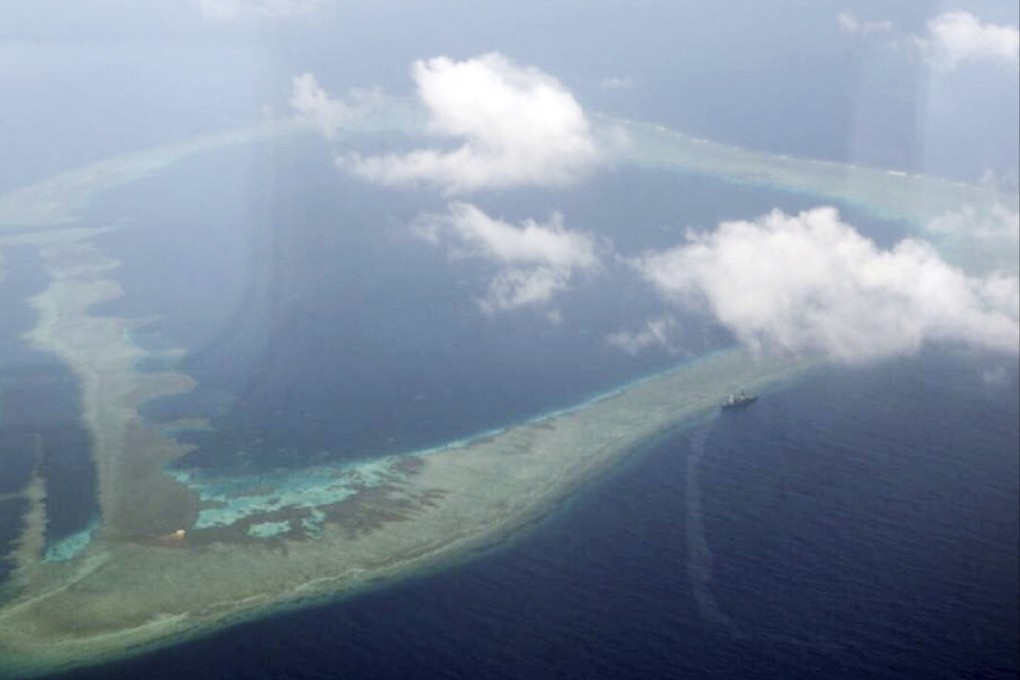 Half Moon Shoal. The rectangular atoll measures around 5km across at its longest point. Analysts say it could support the construction of an airfield. Photo: Armed Forces of the Philippines via AP