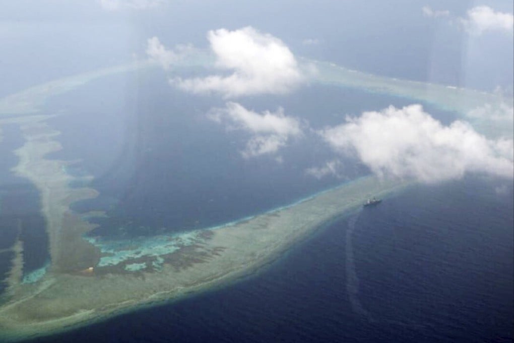 Half Moon Shoal. The rectangular atoll measures around 5km across at its longest point. Analysts say it could support the construction of an airfield. Photo: Armed Forces of the Philippines via AP