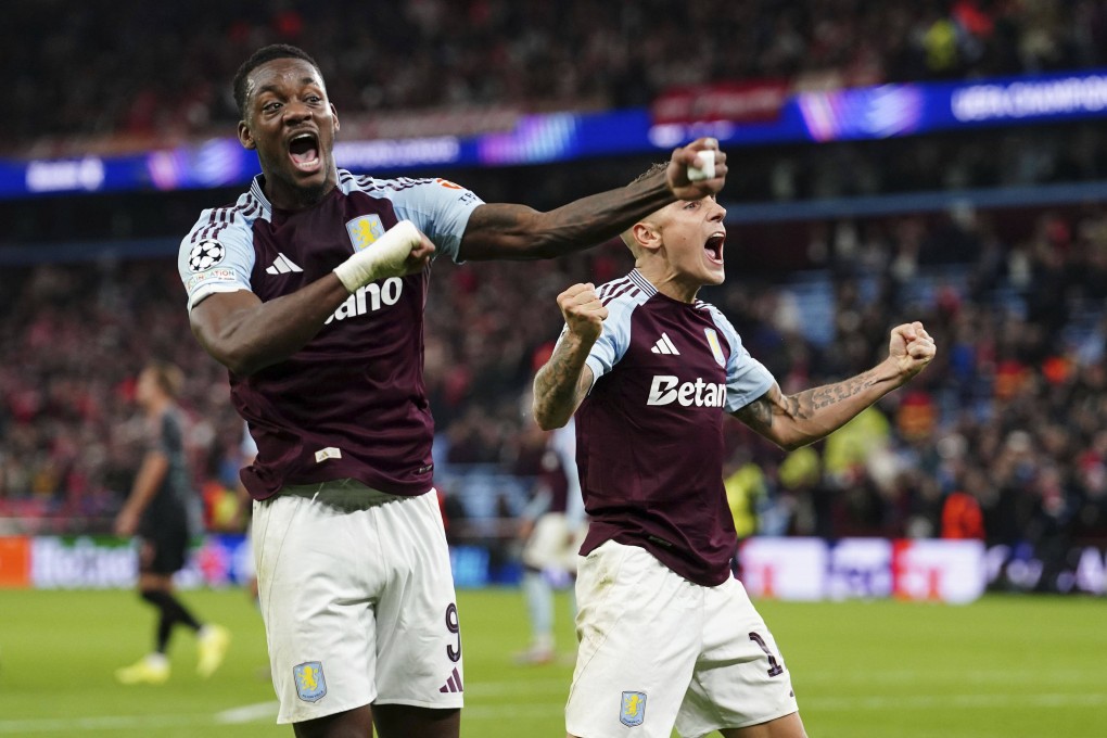 Aston Villa’s Jhon Duran (left) and Lucas Digne celebrate after their famous Uefa Champions League win against Bayern Munich. Photo: AP