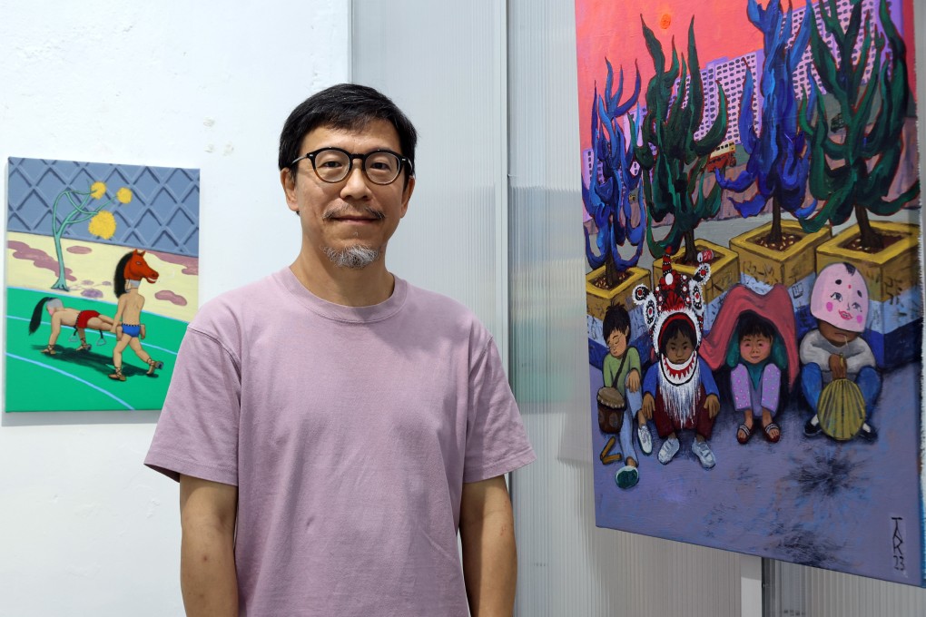 Hong Kong artist Yeung Hok-tak with two of his paintings at Kiang Malingue gallery in Aberdeen on September 25, 2024. His solo exhibition “I See You There” runs at the gallery until October 19. Photo: Edmond So
