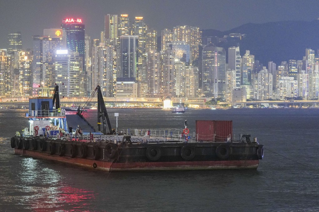 A ship carrying drones is seen in Tsim Sha Tsui before the National Day show. Photo: Eugene Lee