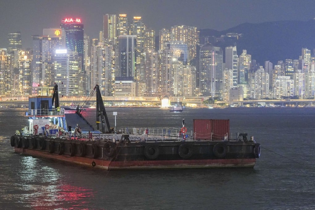 A ship carrying drones is seen in Tsim Sha Tsui before the National Day show. Photo: Eugene Lee