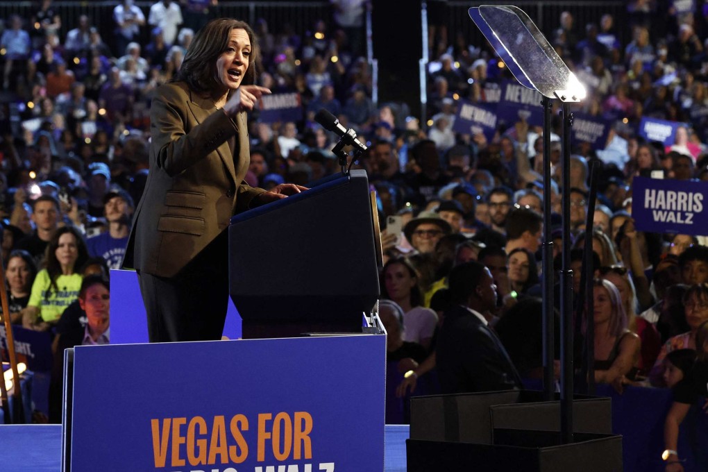 Democratic presidential nominee and US Vice-President Kamala Harris speaks during a campaign rally at the Expo at World Market Centre in Las Vegas on September 29. Harris and her opponent, Republican nominee and former president Donald Trump, have both been holding events in Nevada, a battleground state in the 2024 election. Photo: Getty Images