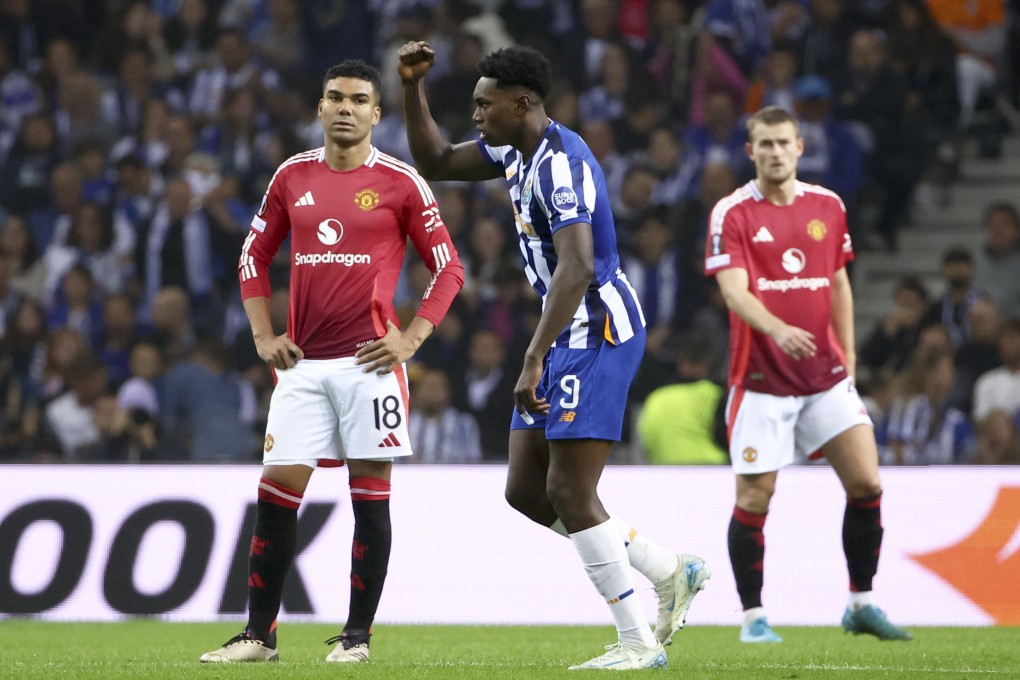 Porto’s Samu Omorodion celebrates scoring his side’s third goal against Manchester United. Photo: AP