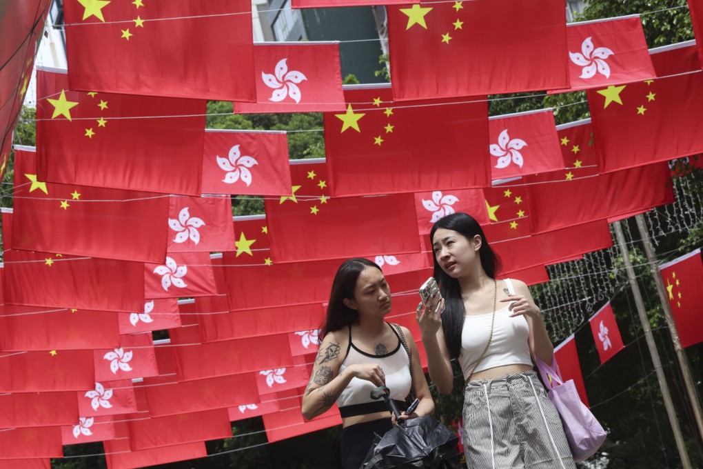 People walk along a street in Tsim Sha Tsui decorated with national and Hong Kong Special Administrative Region flags on September 25 to celebrate the 75th anniversary of the founding of the People’s Republic of China on October 1. Photo: Jelly Tse