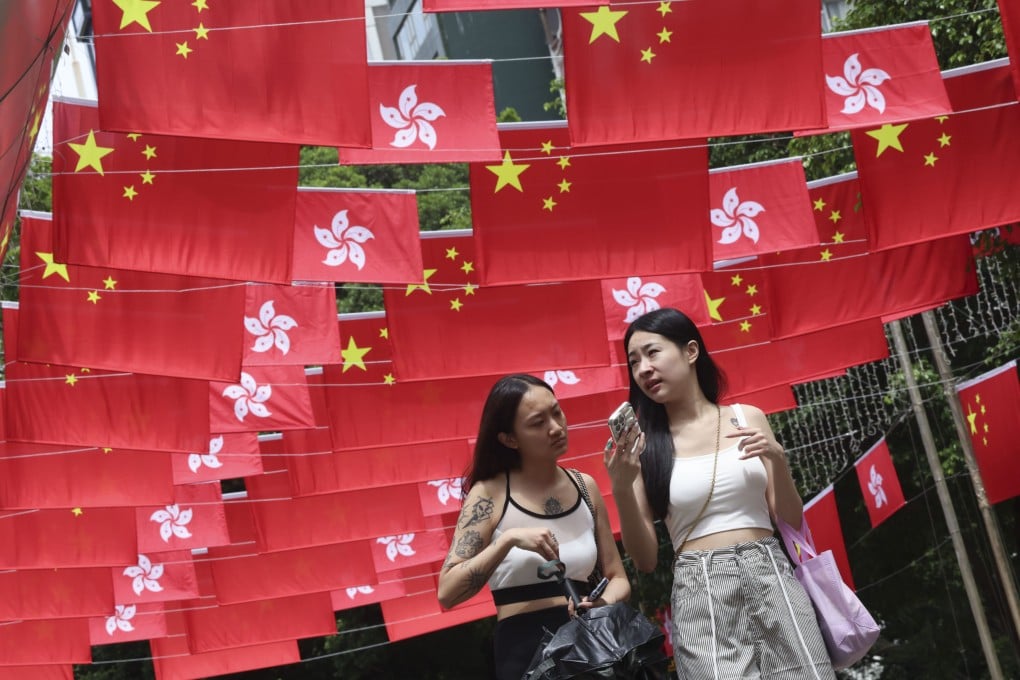 People walk along a street in Tsim Sha Tsui decorated with national and Hong Kong Special Administrative Region flags on September 25 to celebrate the 75th anniversary of the founding of the People’s Republic of China on October 1. Photo: Jelly Tse