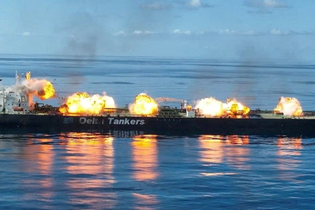 Explosions take place on the deck of the Greek-flagged oil tanker Sounion on the Red Sea in a picture released on August 29, 2024. Photo: Houthi Military Media via Reuters
