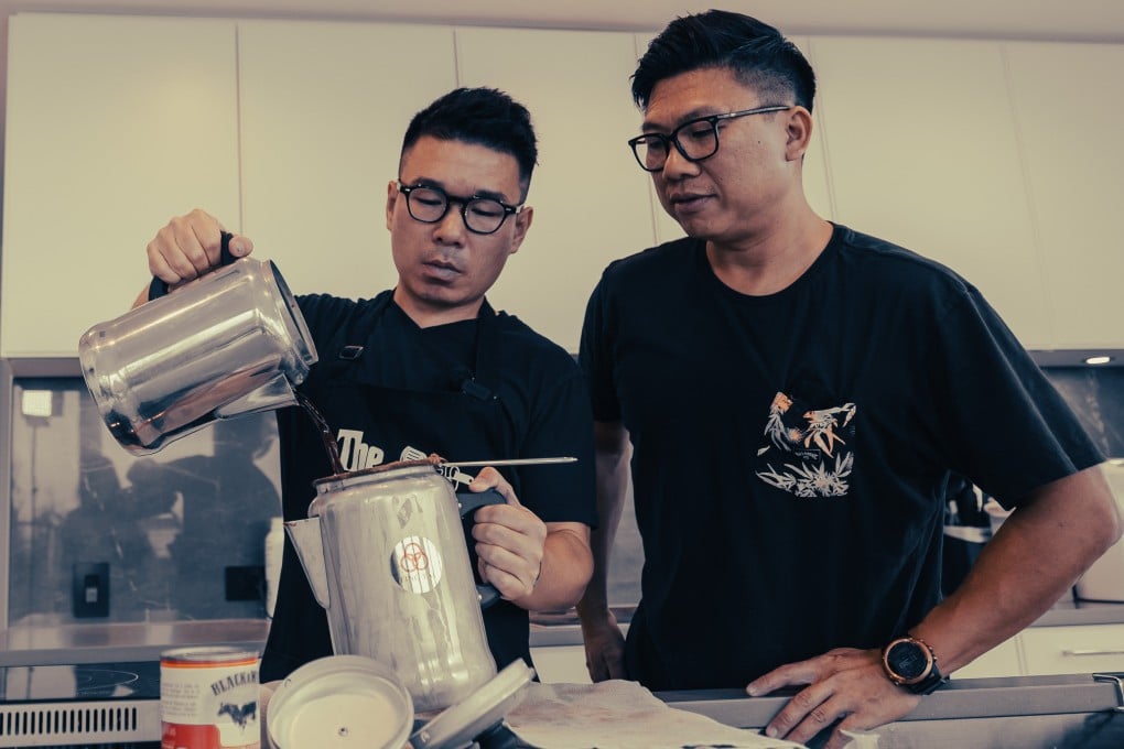 Hong Kong natives Pep So (left) and Stanley Tsui pour tea during the research stage for their make-at-home tea kit brand Kong Tea. Photo: Kong Tea