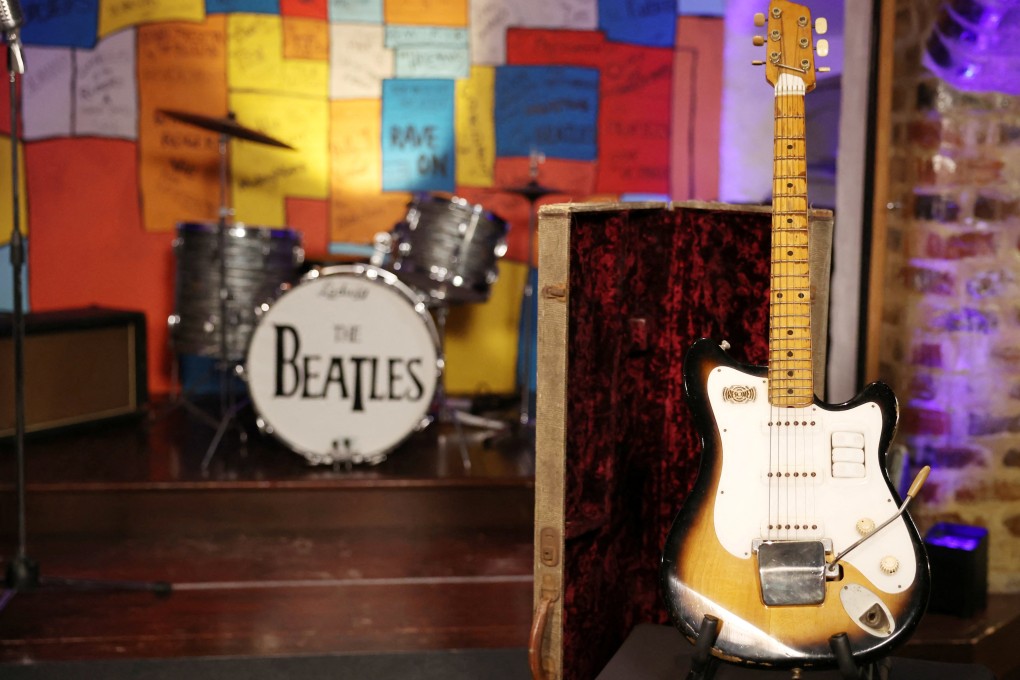 A Futurama guitar that used to belong to the late George Harrison of The Beatles is displayed in Liverpool ahead of its forthcoming sale by auction in the United States. Photo: Reuters