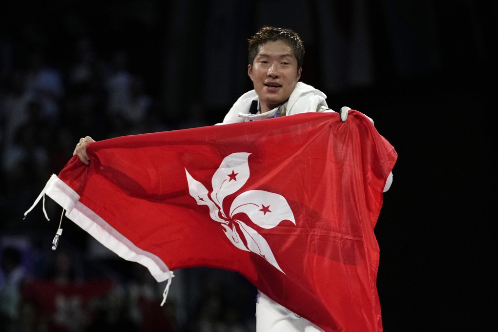 Cheung Ka-long celebrates after winning the men’s individual foil final against Italy’s Filippo Macchi in Paris in July. Photo: AP