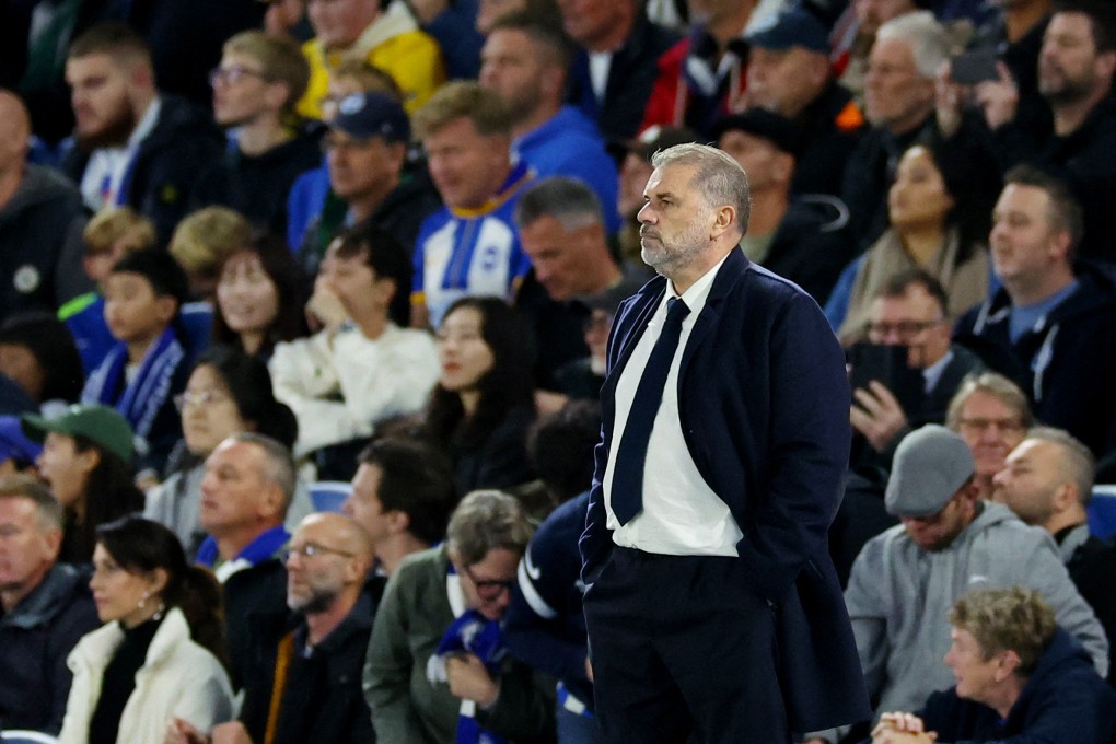 Tottenham boss Ange Postecolgou look in deep shock as his side blow a 2-0 lead to lose 3-2 at Brighton. Photo: Reuters