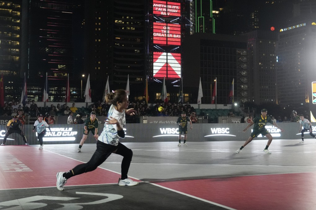 Hong Kong (white) defeated South Africa (green) to finish off the first day of action at the WBSC Baseball5 World Cup at the Central Harbourfront Event Space. Photo: Sam Tsang