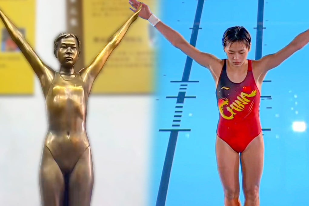 A museum in China is facing public criticism over a statue of Olympic diving champion Quan Hongchan. Photo: SCMP composite/Douyin/YouTube