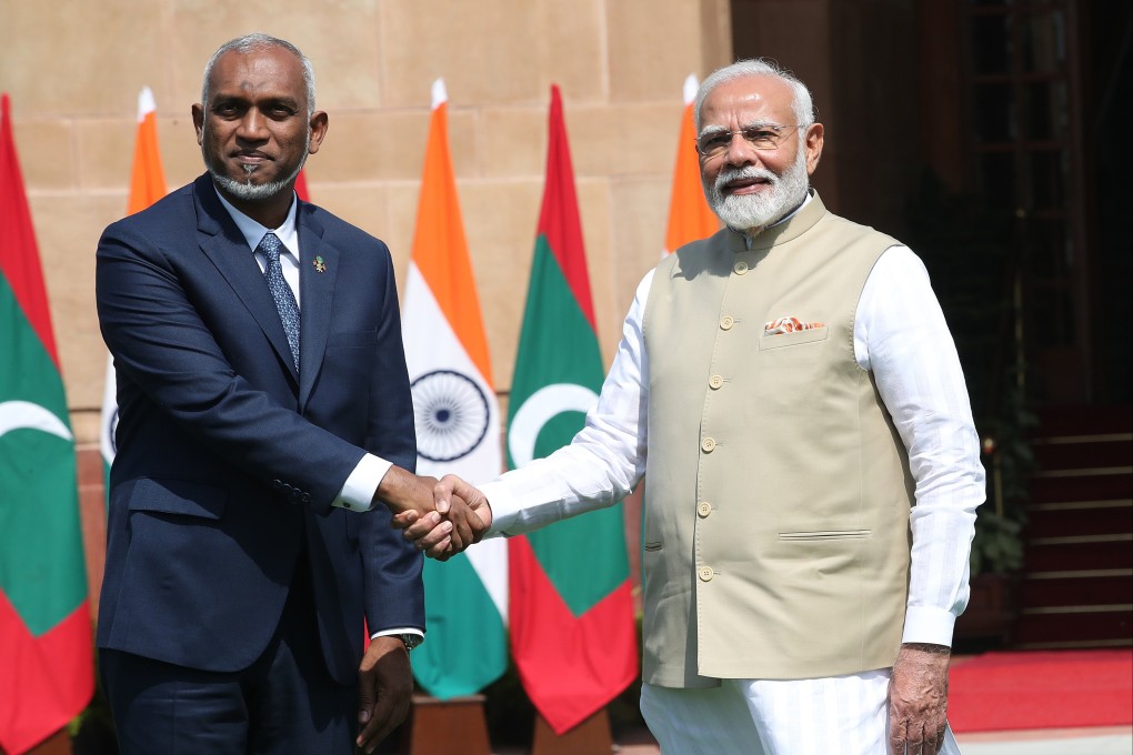 Maldivian President Mohamed Muizzu and Indian Prime Minister Narendra Modi prior to a meeting in New Delhi on Monday. Photo: EPA-EFE