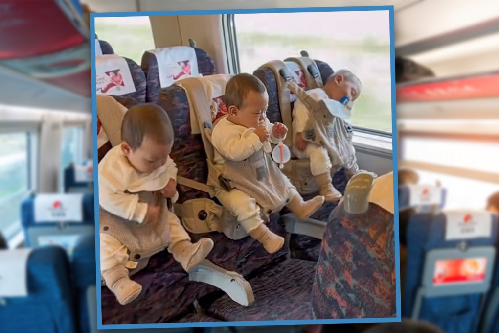 A father in China has been labelled a “super dad” for the way he handled his infant triplets while they were travelling on a high-speed train. Photo: SCMP composite/Shutterstock/Douyin