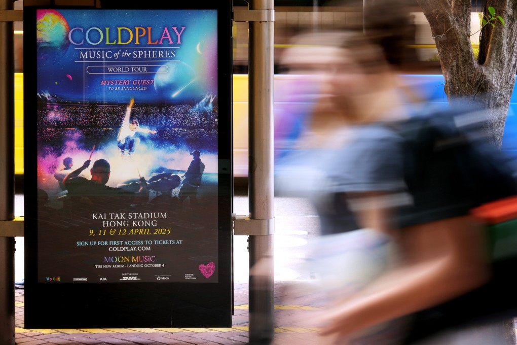 A screen at a bus stop in Admiralty advertises Coldplay’s 2025 Hong Kong shows. Photo: Elson Li