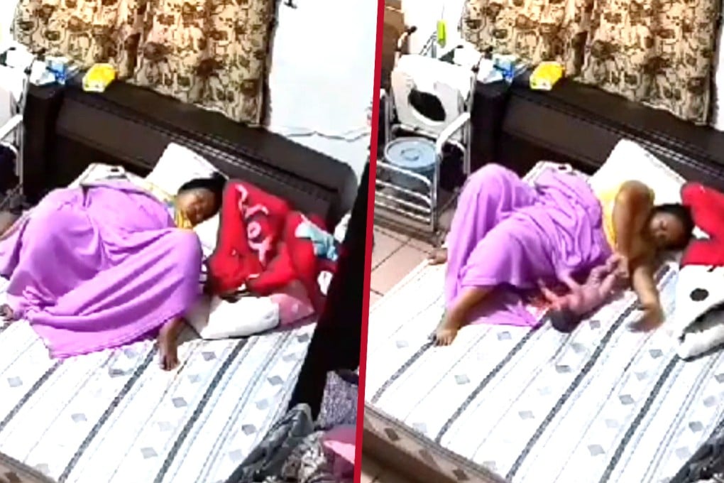 People on social media have been left in shock at a video that shows an overseas domestic worker in Taiwan giving birth in her boss’s bed just months after being hired. Photo: SCMP composite/bc3ts.net