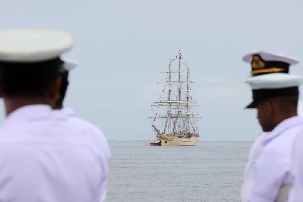 Members of the Sri Lankan navy’s band perform during a welcoming ceremony for the Chinese navy’s sailing training ship Po Lang in Colombo on Tuesday. Photo: EPA-EFE