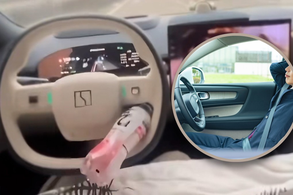 A driver in China who fell asleep at the wheel of a speeding self-driving car has been condemned for his dangerous behaviour. Photo: SCMP composite/Shutterstock/Douyin