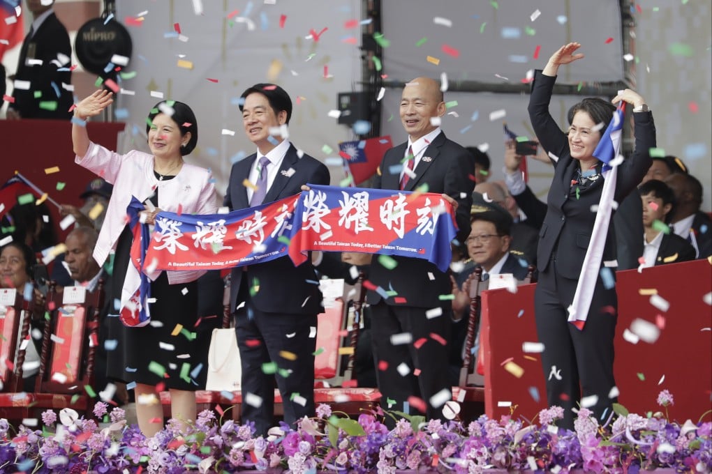 Taiwan first lady Wu Mei-ru, left, William Lai Ching-te, Han Guo-yu and Hsiao Bi-khim cheer during National Day celebrations in Taipei on Thursday. Photo: AP