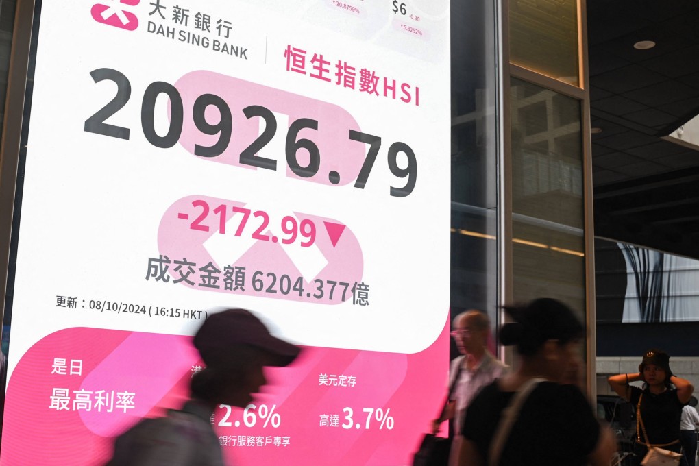 Pedestrians walk past a sign showing the numbers of the Hang Seng Index in Hong Kong on October 8, when a spectacular rally went into reverse. Photo: AFP