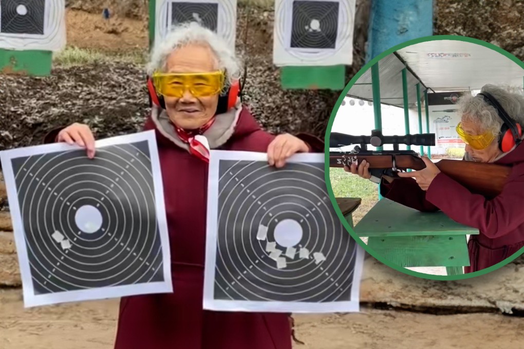 A half-blind China grandma amazes social media by scoring high at an overseas  shooting range. Photo: SCMP composite/Douyin