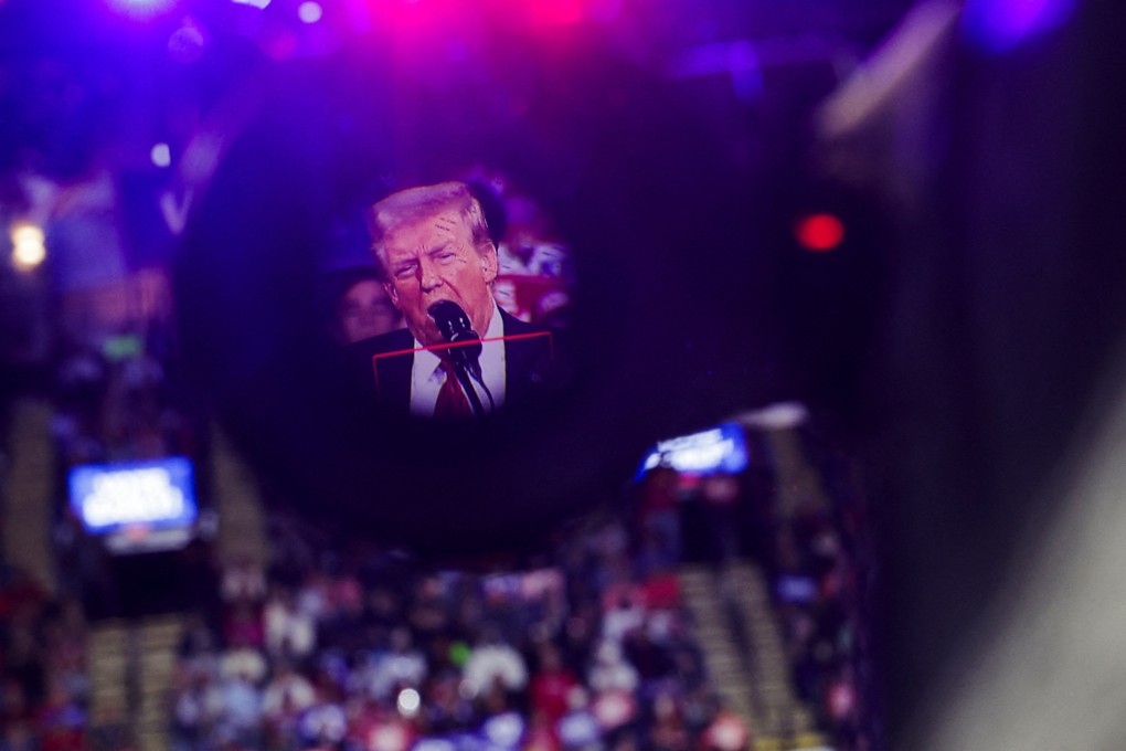 Donald Trump, as seen through a viewfinder of a video camera at a campaign event in Reading, Pennsylvania. Photo: Reuters