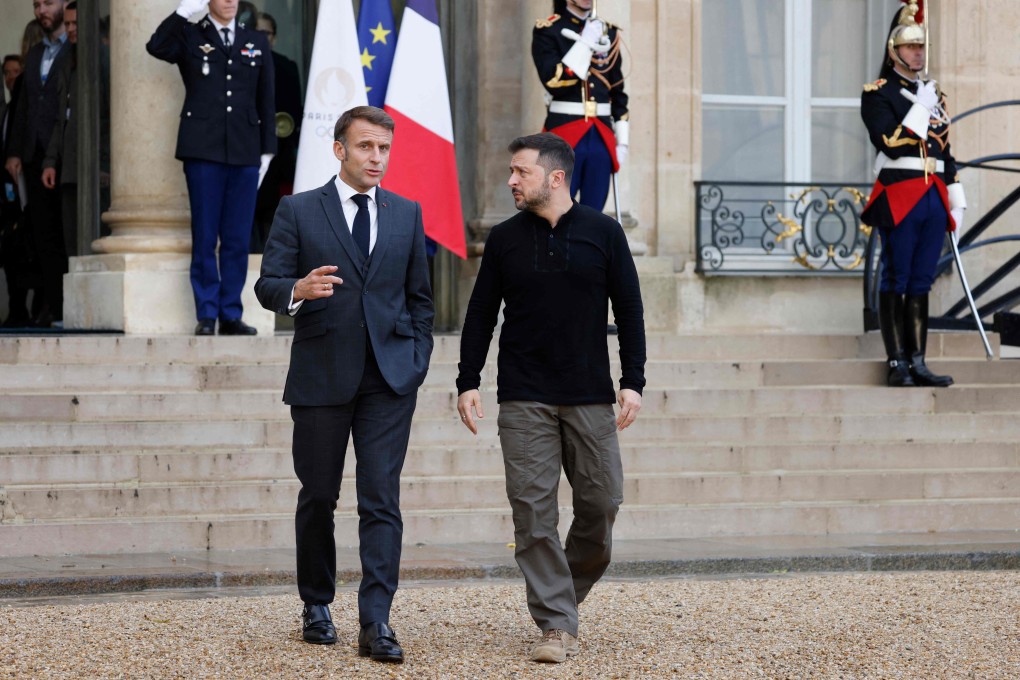 French President Emmanuel Macron, left, and his Ukrainian counterpart Volodymyr Zelensky after a meeting at the Elysee Palace in Paris on Thursday. Photo: AFP