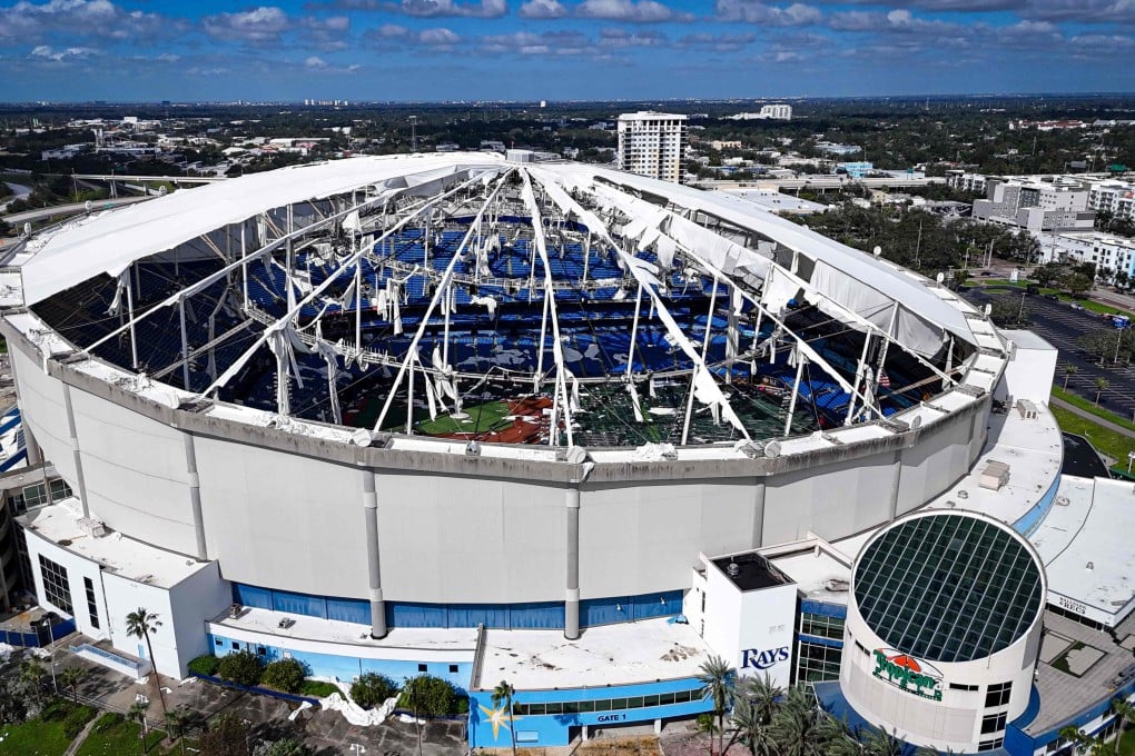 The dome of Tropicana Field in St Petersburg, Florida, on Thursday, torn open by Hurricane Milton. Photo: AFP