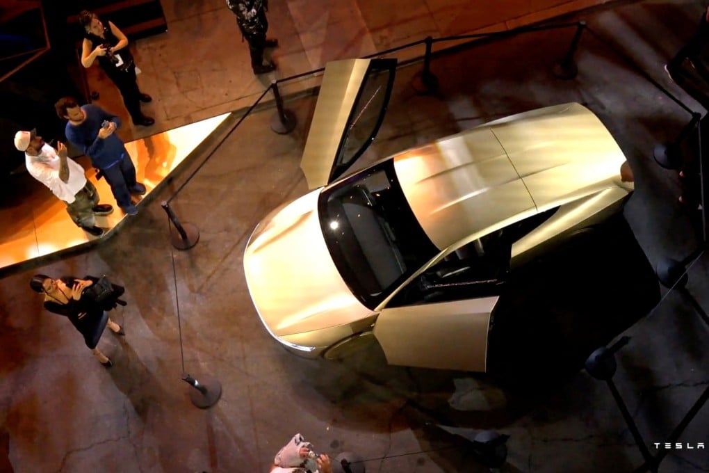 Tesla’s robotaxi is displayed at an unveiling event in Los Angeles, October 10, 2024, in this still image taken from a video. Photo: Handout via Reuters