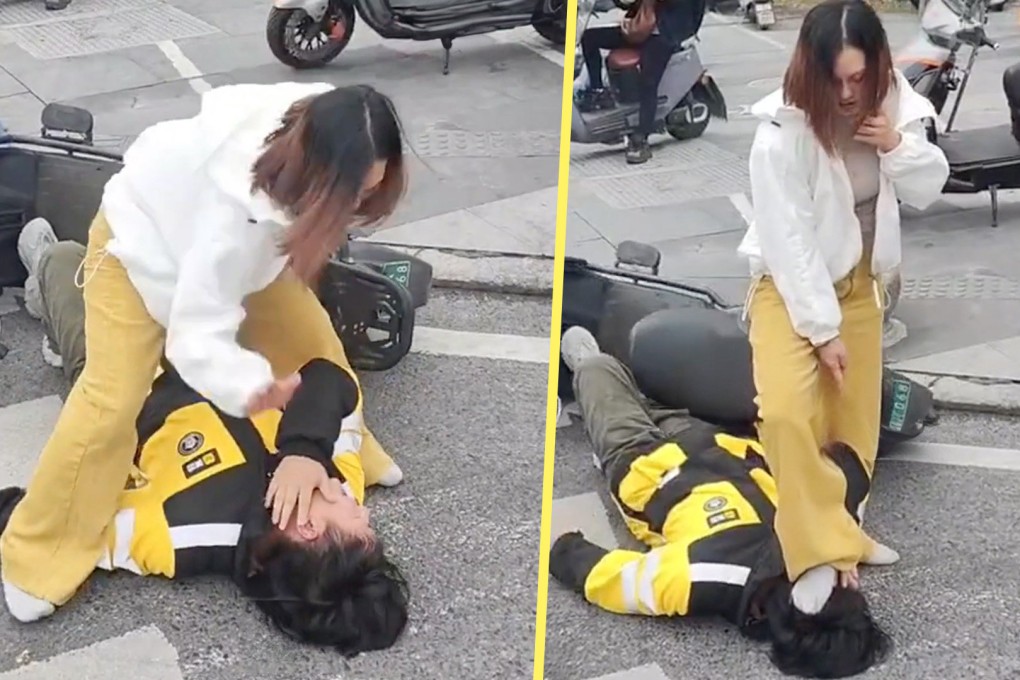 A drunk woman in China who attacked a food delivery worker on his first day on the job has been slammed by people on social media. Photo: SCMP composite/Douyin