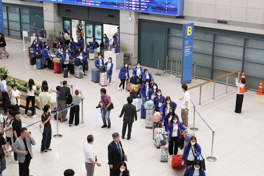 Filipino women participating in a pilot nanny programme arrive at Incheon airport in South Korea on August 6. Photo: EPA-EFE/Yonhap