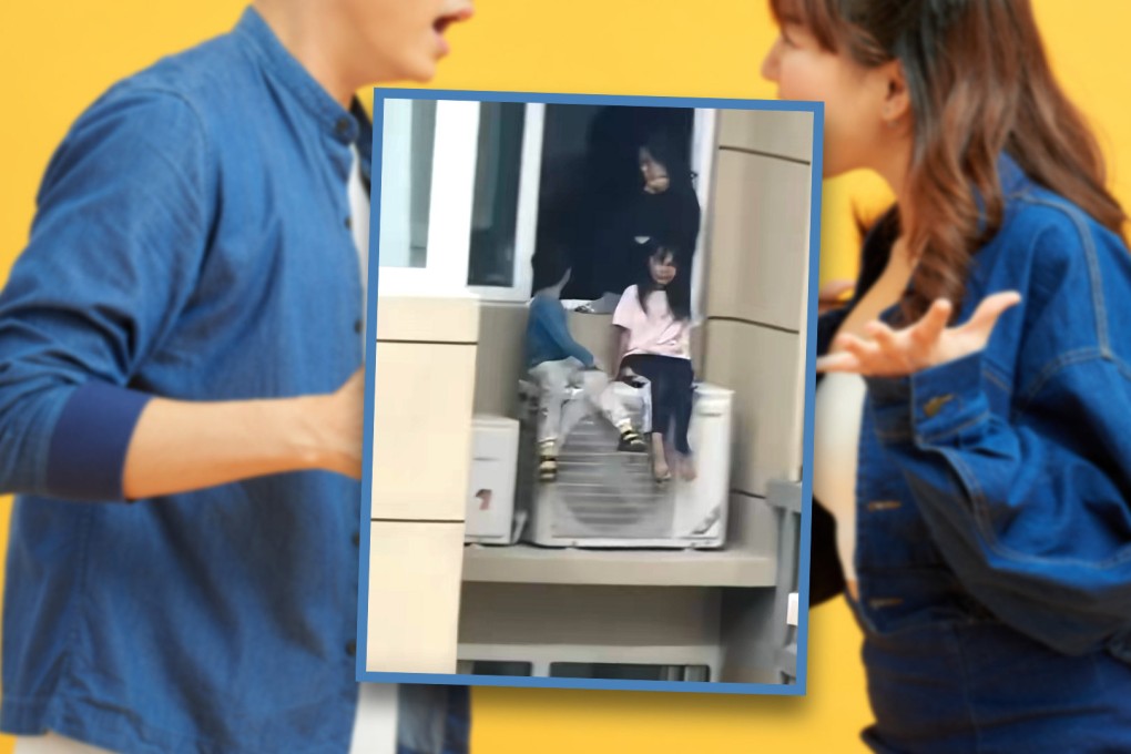 A mother in China has faced online condemnation after she perched her two children on a 23rd-floor outdoor air conditioning unit to provoke her husband during a row. Photo: SCMP composite/Shutterstock/Douyin