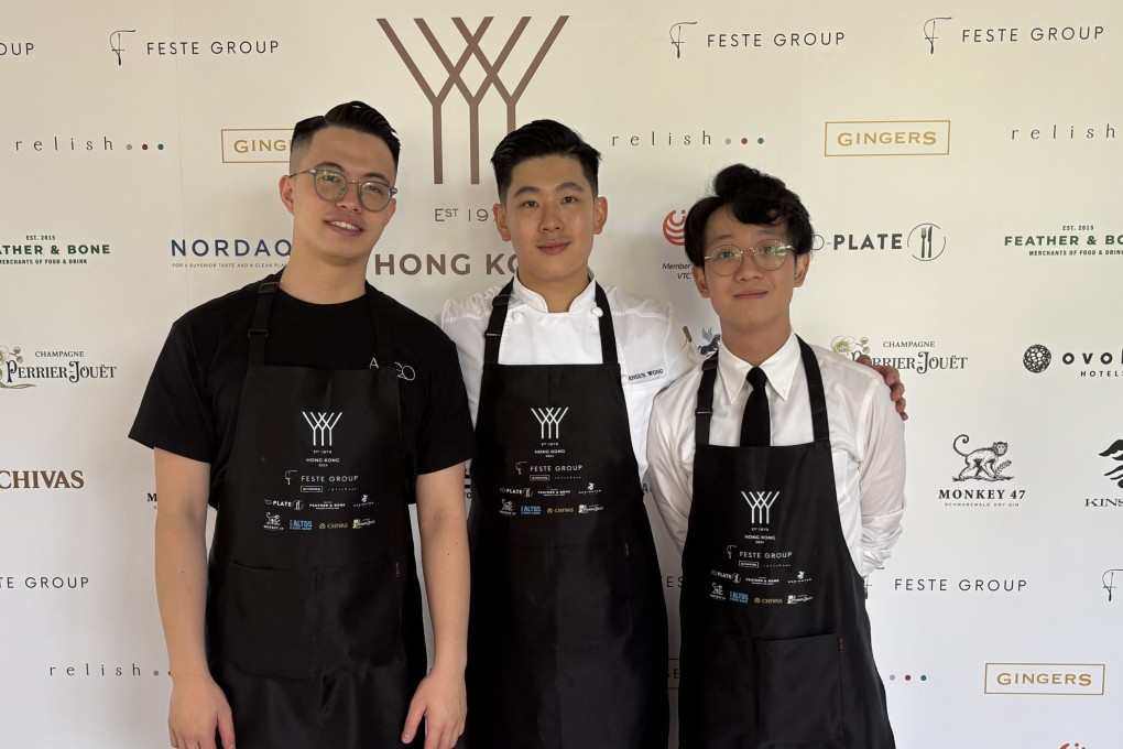 (From left) Argo’s Evan Mak Siu-nam, Amber’s Angus Wong Chun-kei and Godenya’s Tony To Long-him, who were respectively crowned the best bartender, chef and waiter in Hong Kong in the 2024 Young Chef Young Waiter Young Mixologist Hong Kong contest. Photo: Ashlyn Chak