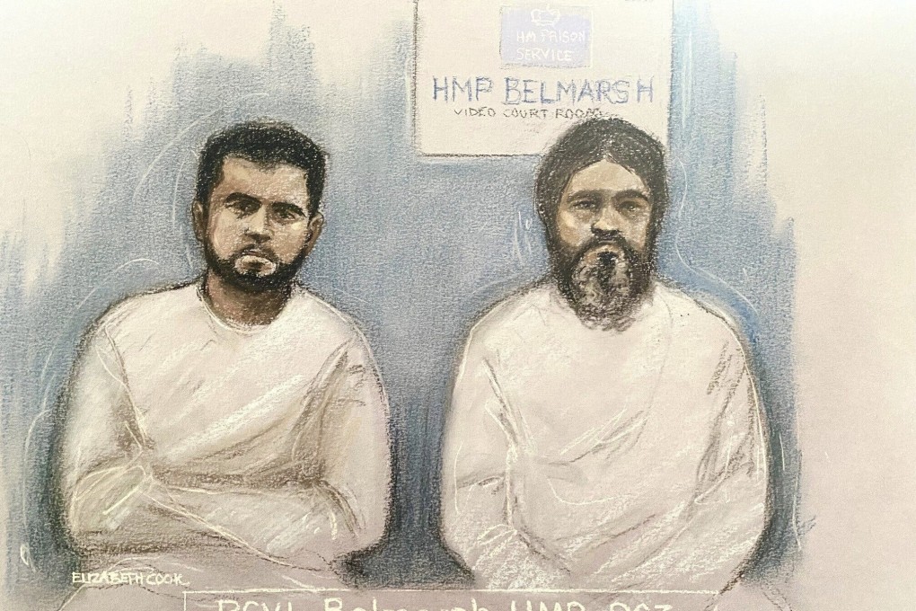 A court artist sketch shows Sara Sharif’s father Urfan Sharif (right) and her uncle Faisal Malik appearing via video-link from Belmarsh prison, at the Old Bailey in London on Monday. Photo: PA via AP